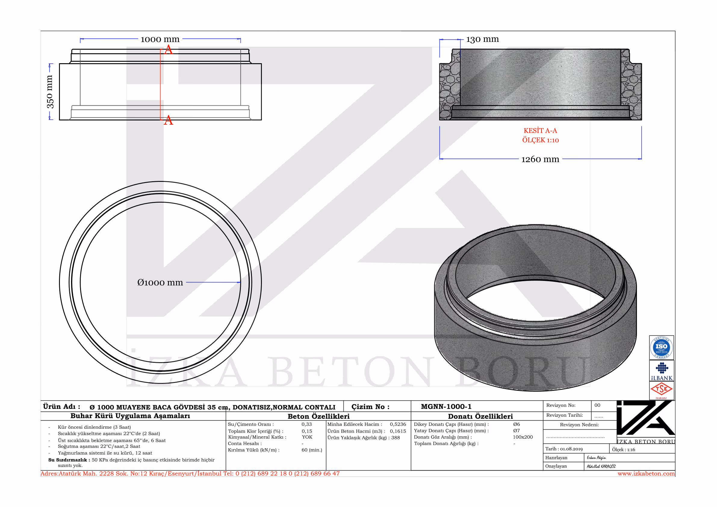 1000mm Muayene Beton Baca Gövdesi 35cm Teknik Çizim