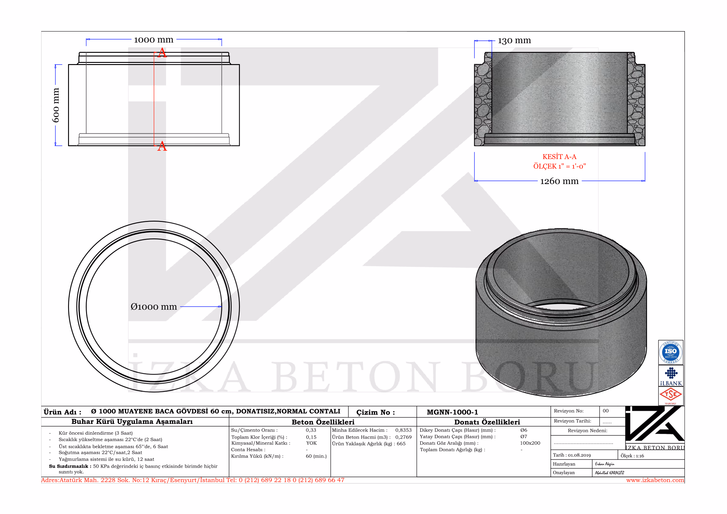 1000mm Muayene Beton Baca Gövdesi 60cm Teknik Çizim