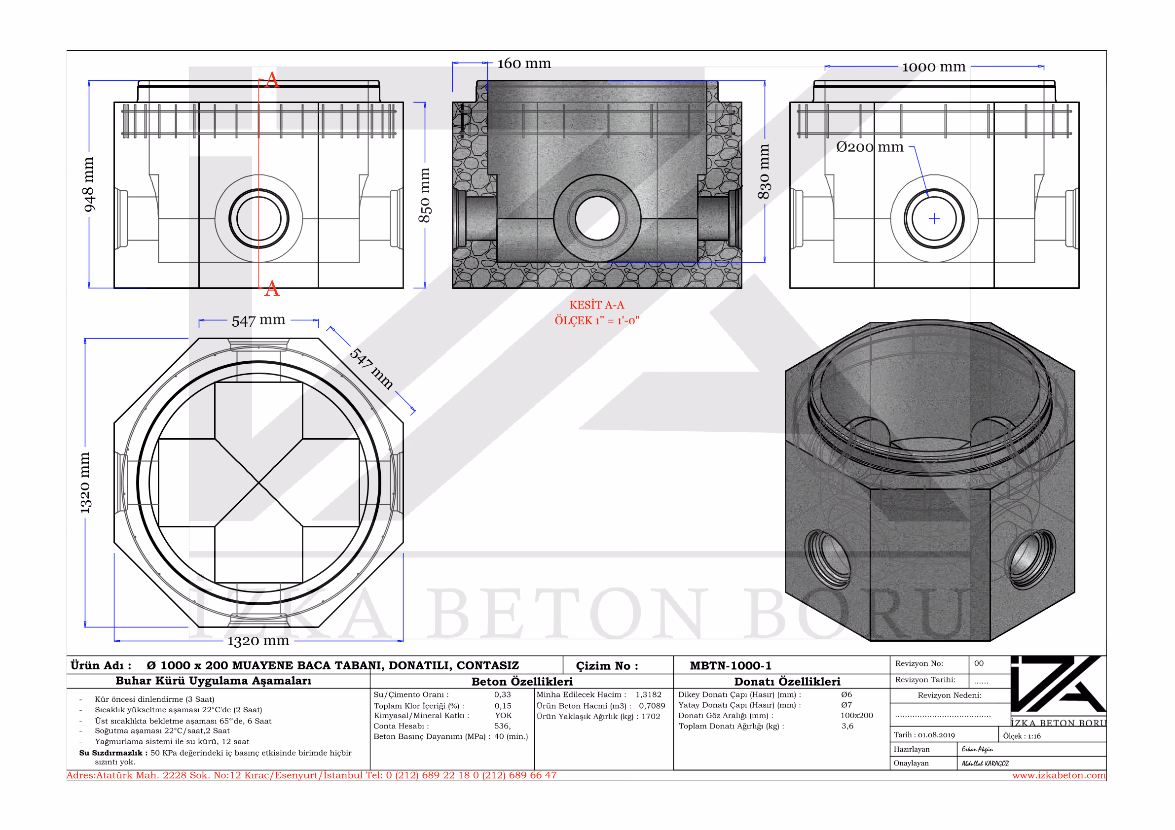 1000x200mm Muayene Baca Tabanı Teknik Çizim