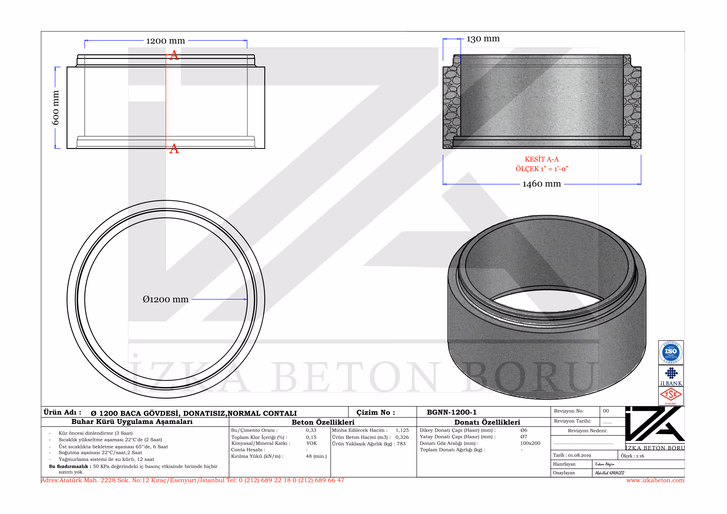 1200mm Muayene Beton Baca Gövdesi 55cm Teknik Çizim
