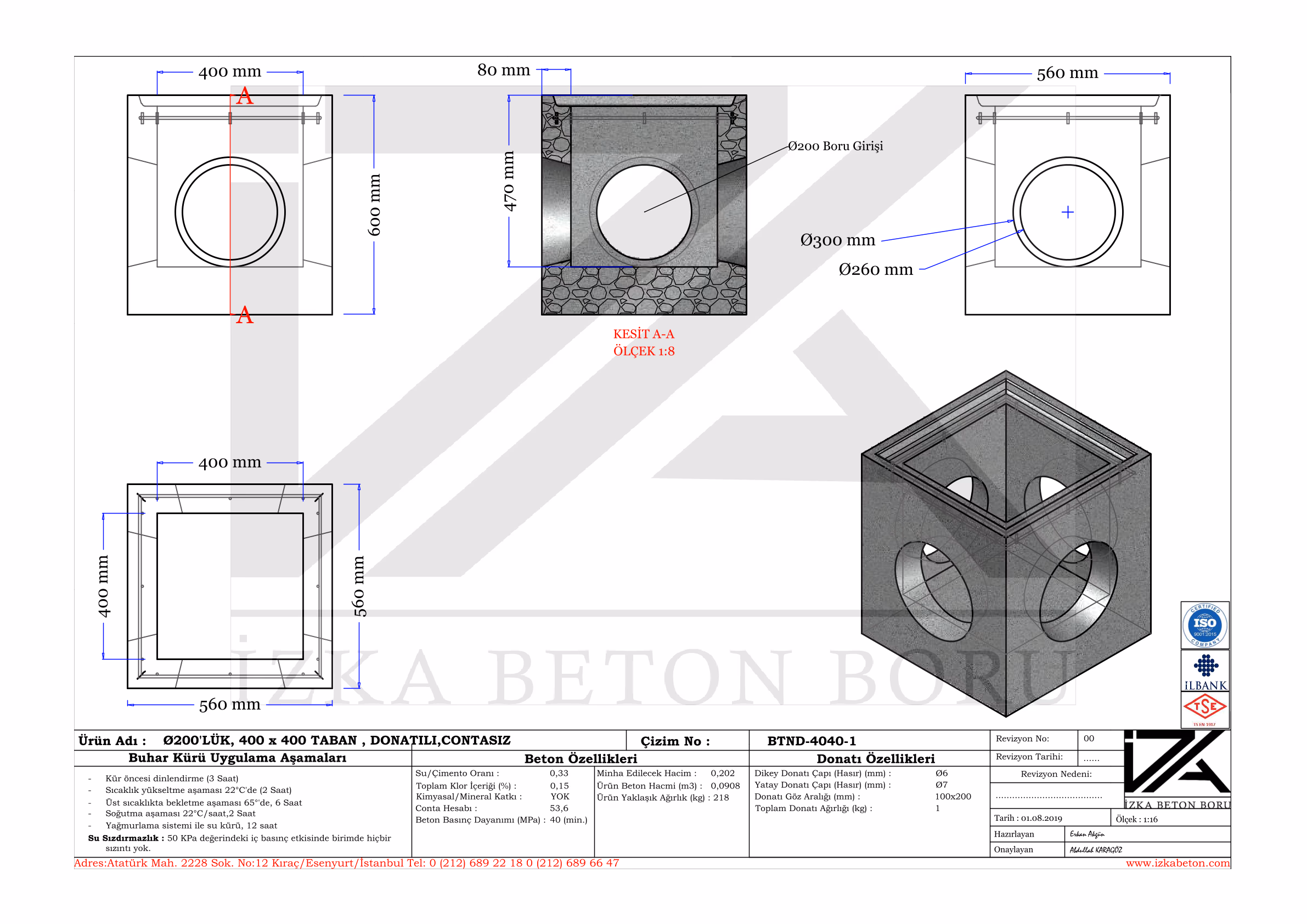 40x40x200mm Yağmur Izgara Baca Tabanı Teknik Çizim
