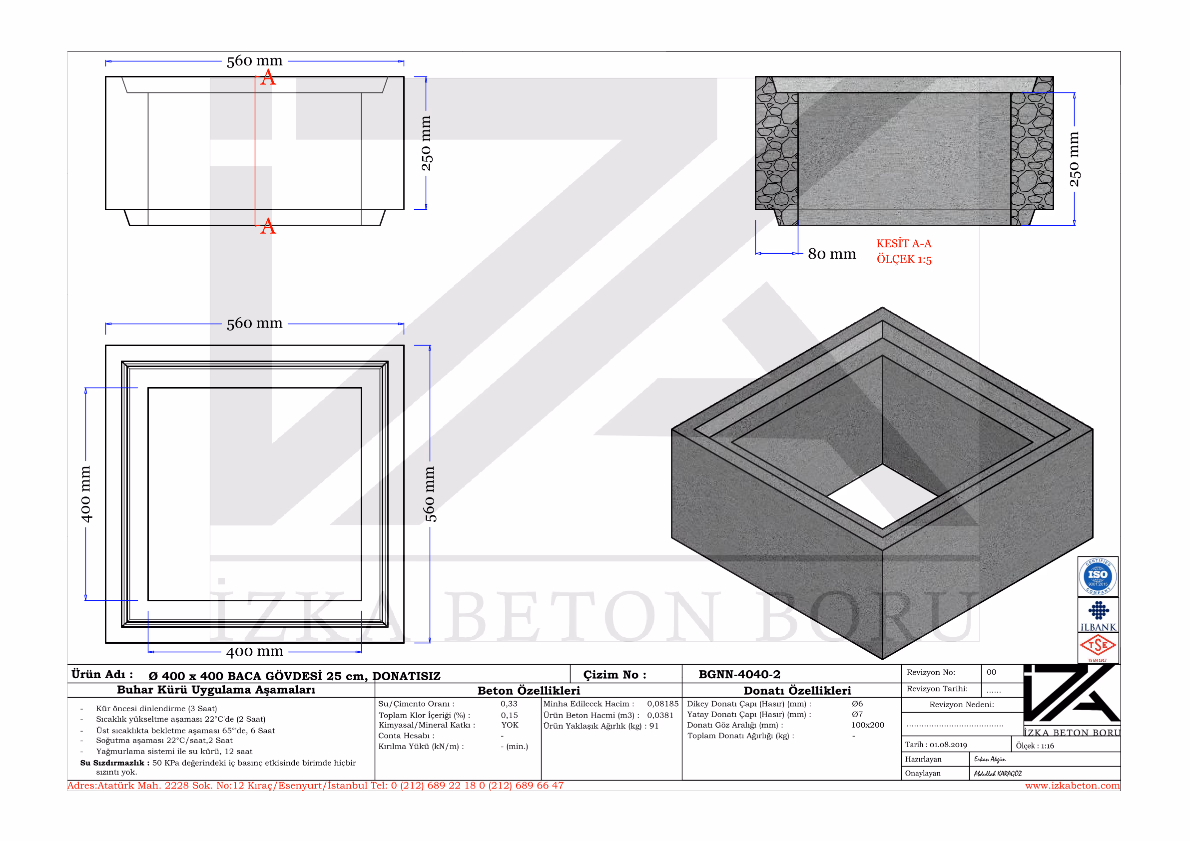 40x40x300mm Yağmur Izgara Baca Gövdesi Teknik Çizim