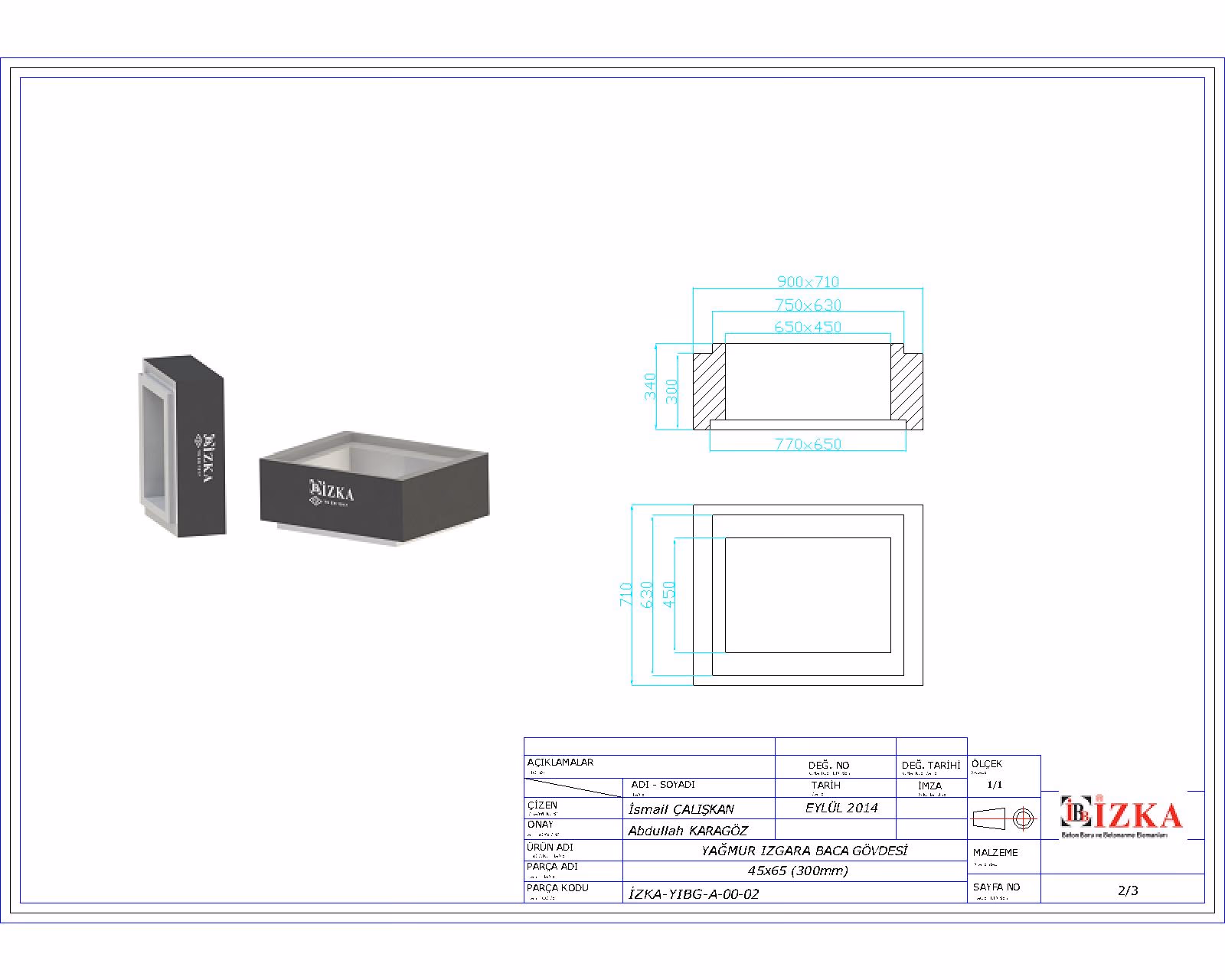 45x65x300mm Yağmur Izgara Baca Gövdesi Teknik Çizim
