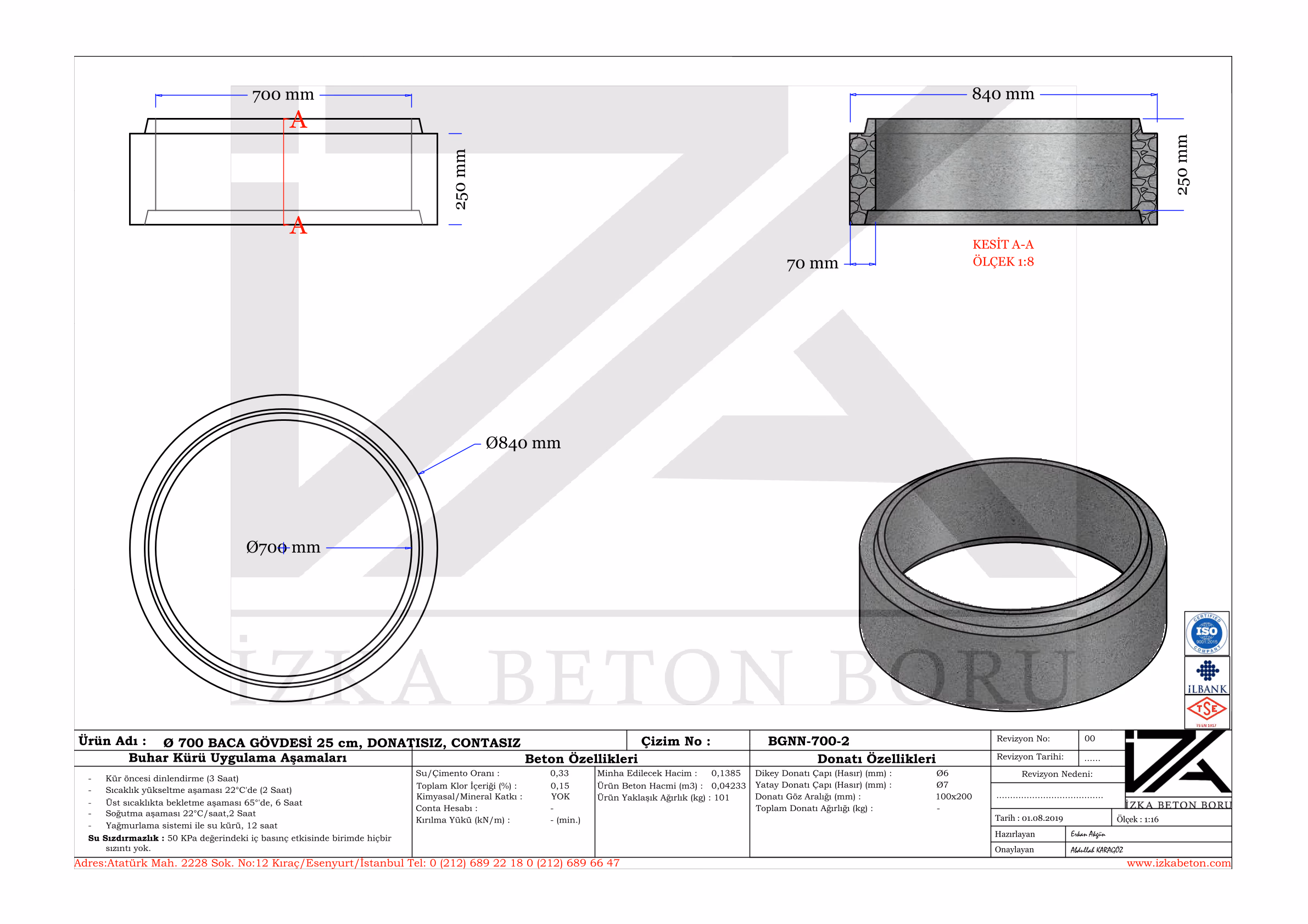 700mm Muayene Beton Baca Gövdesi 30cm Teknik Çizim