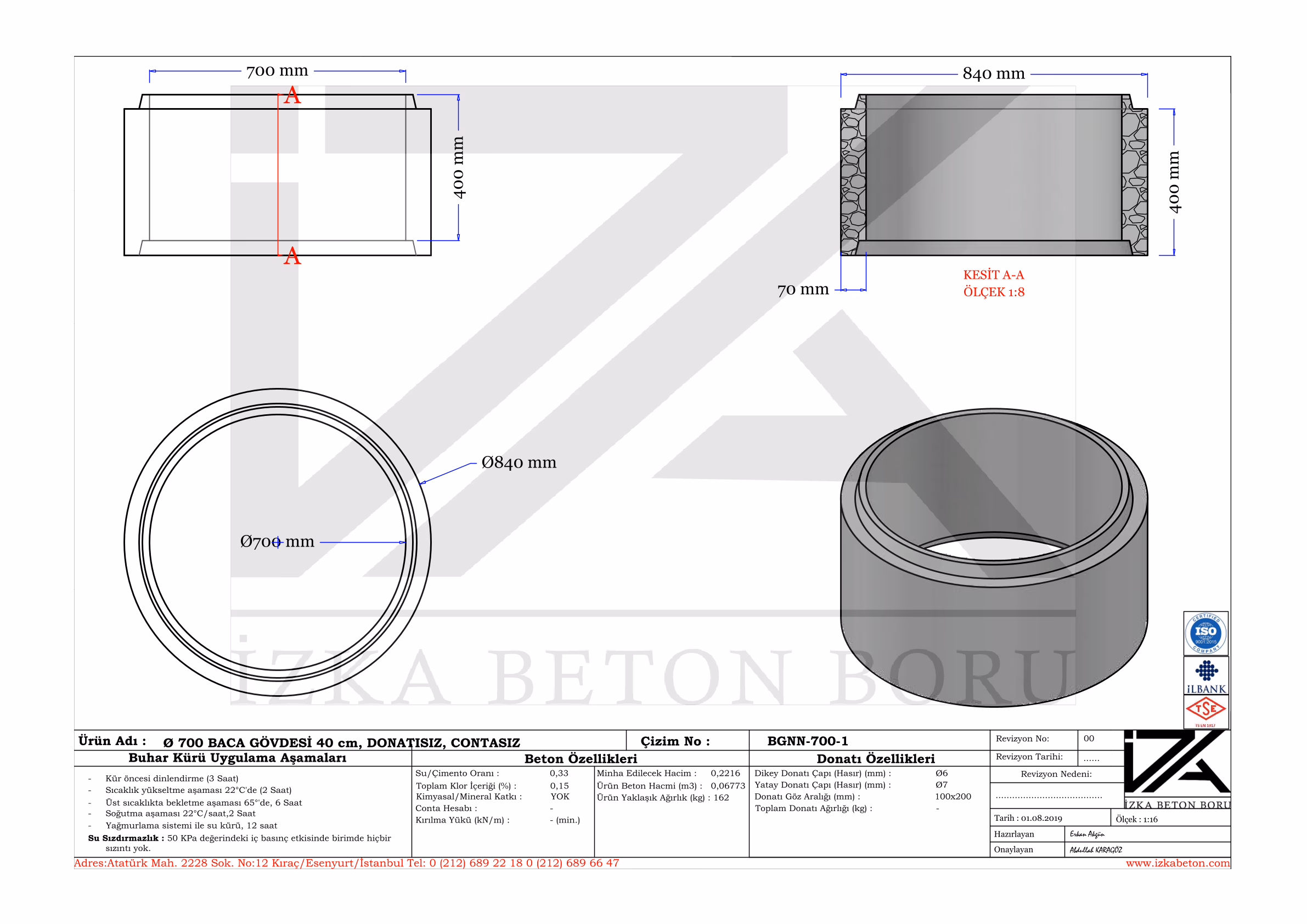 700mm Muayene Beton Baca Gövdesi 50cm Teknik Çizim