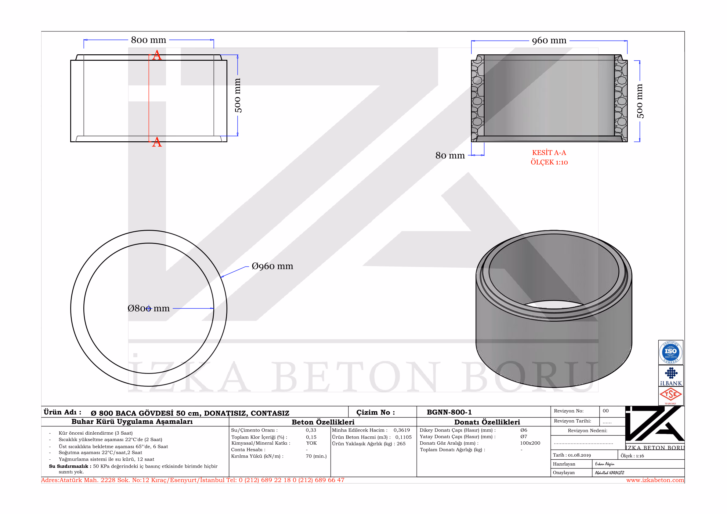 800mm Muayene Beton Baca Gövdesi 50cm Teknik Çizim