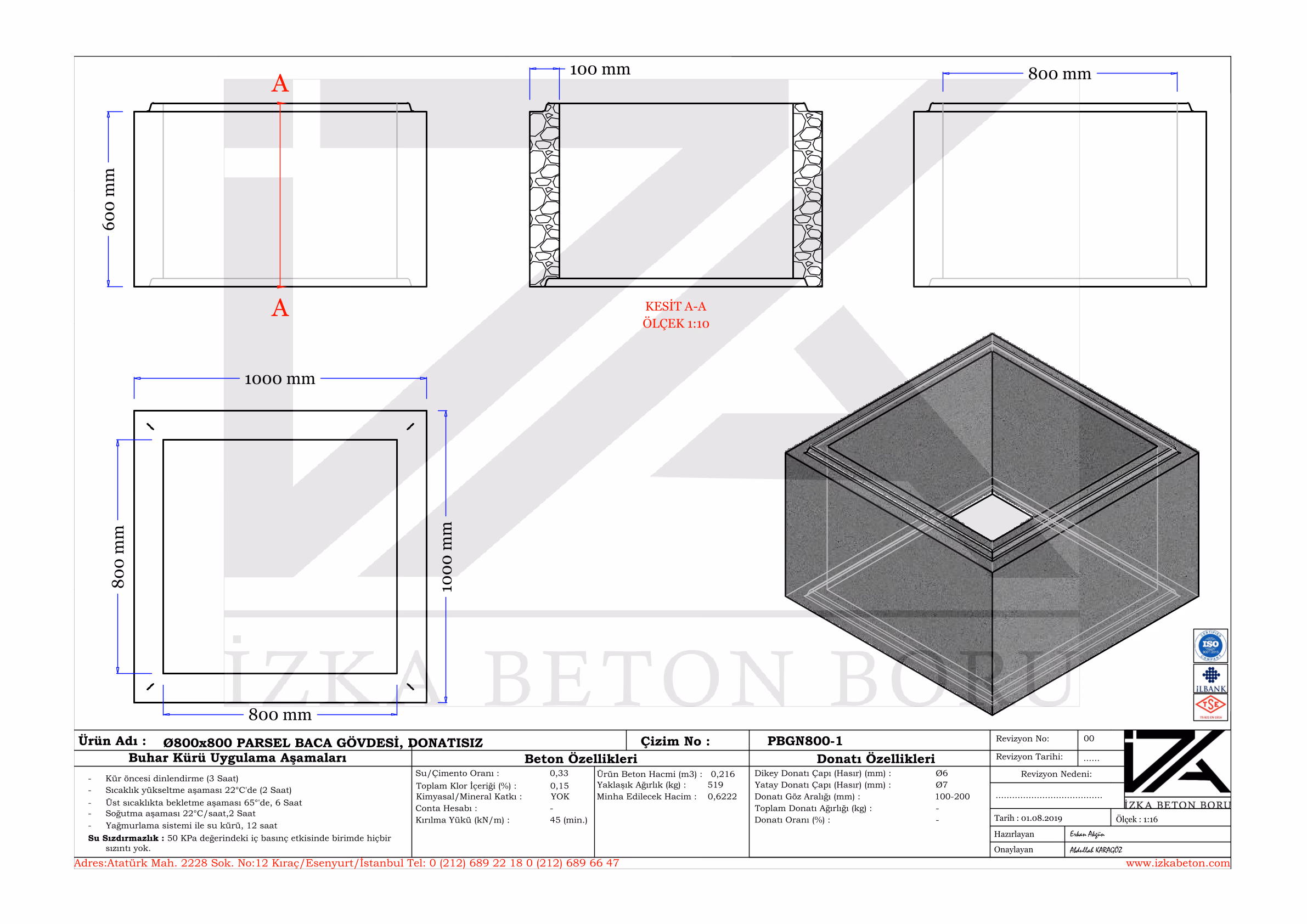80x80x600mm Yağmur Izgara Baca Gövdesi Teknik Çizim