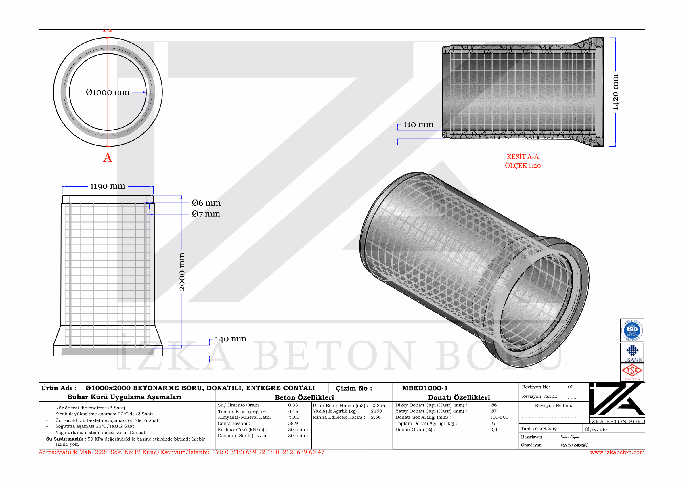 Q1000mm Entegre Beton Boru Teknik Çizim