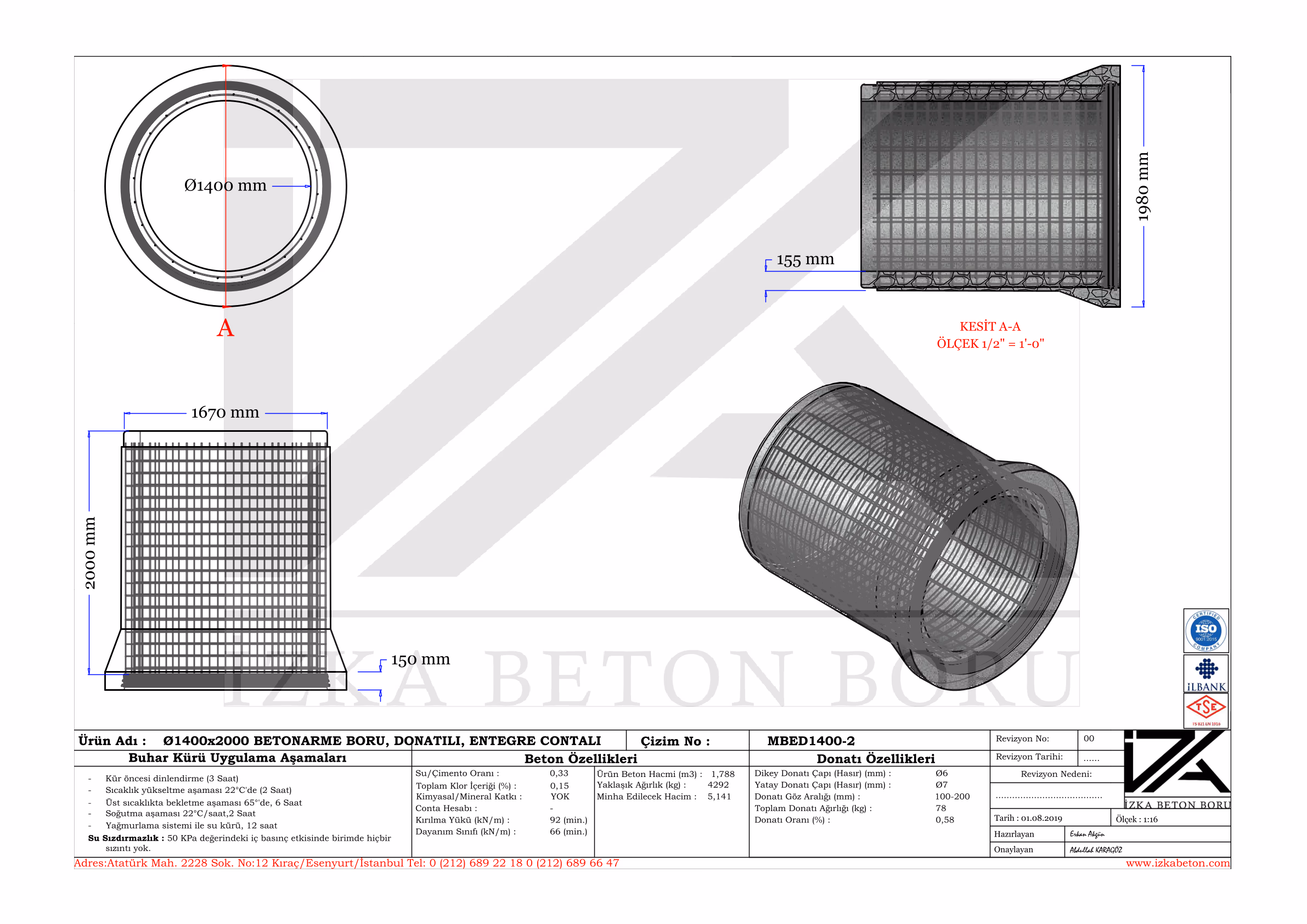 Q1400mm Entegre Beton Boru Teknik Çizim