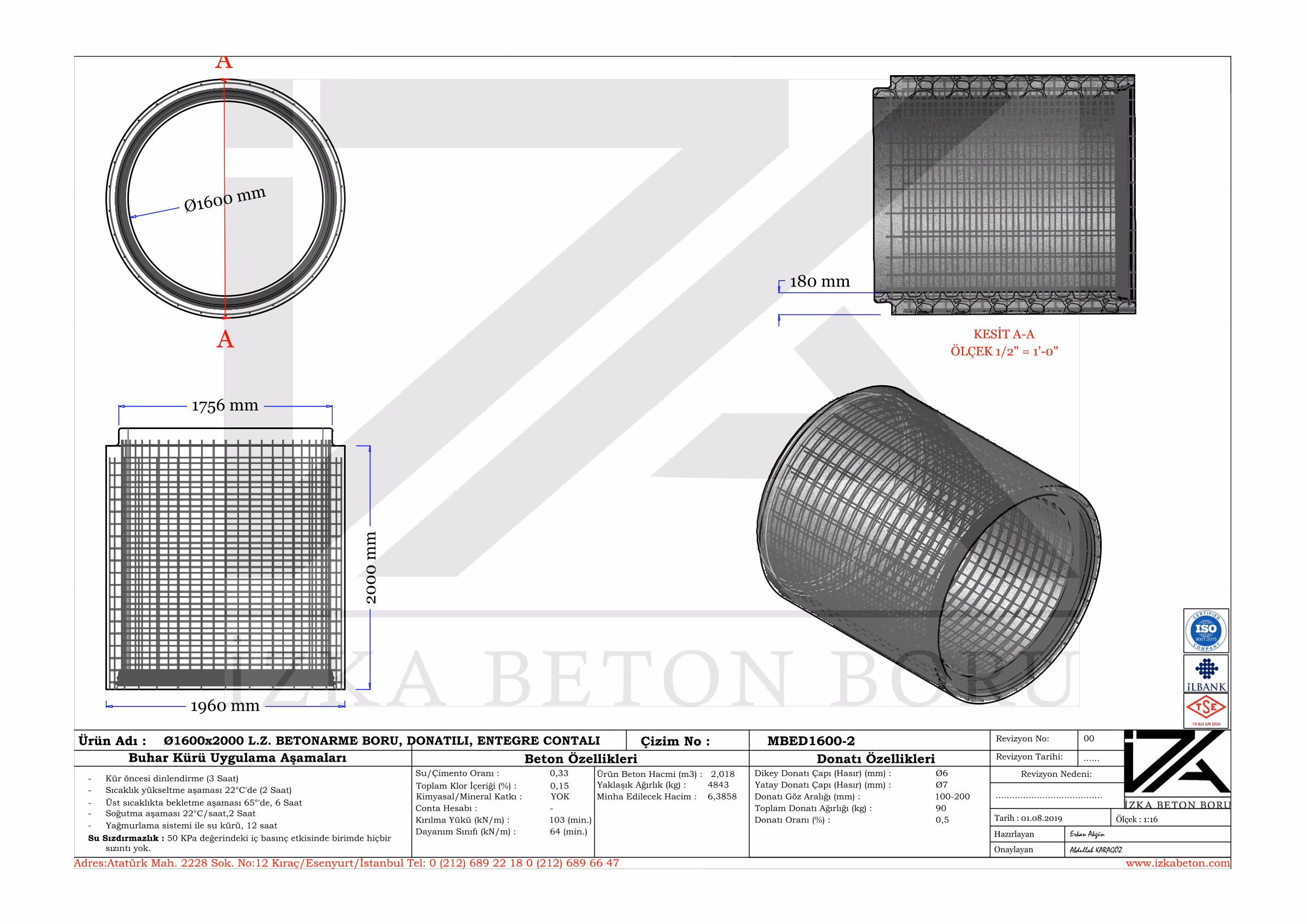 1600mm Lamba Zıvana Betonarme Boru Teknik Çizim