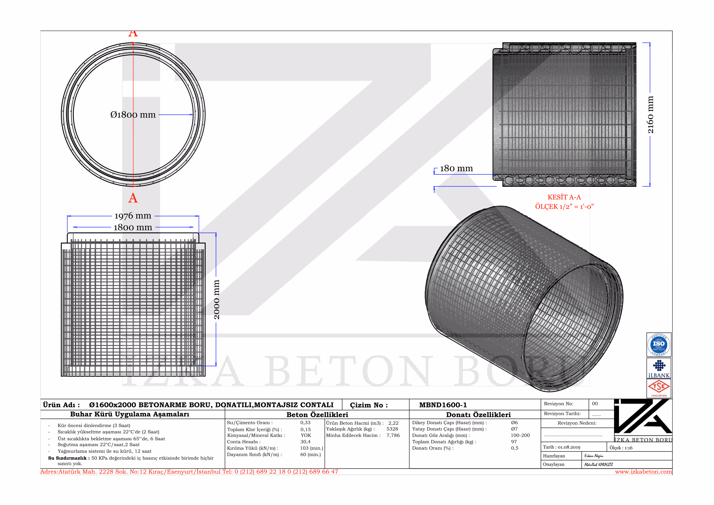 Q1800mm Entegre Beton Boru Teknik Çizim