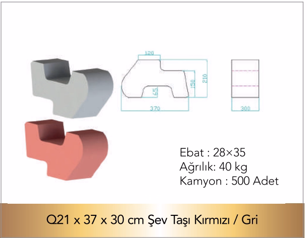 Q21x37x30cm Şev Taşı Kırmızı/Gri Teknik Çizim