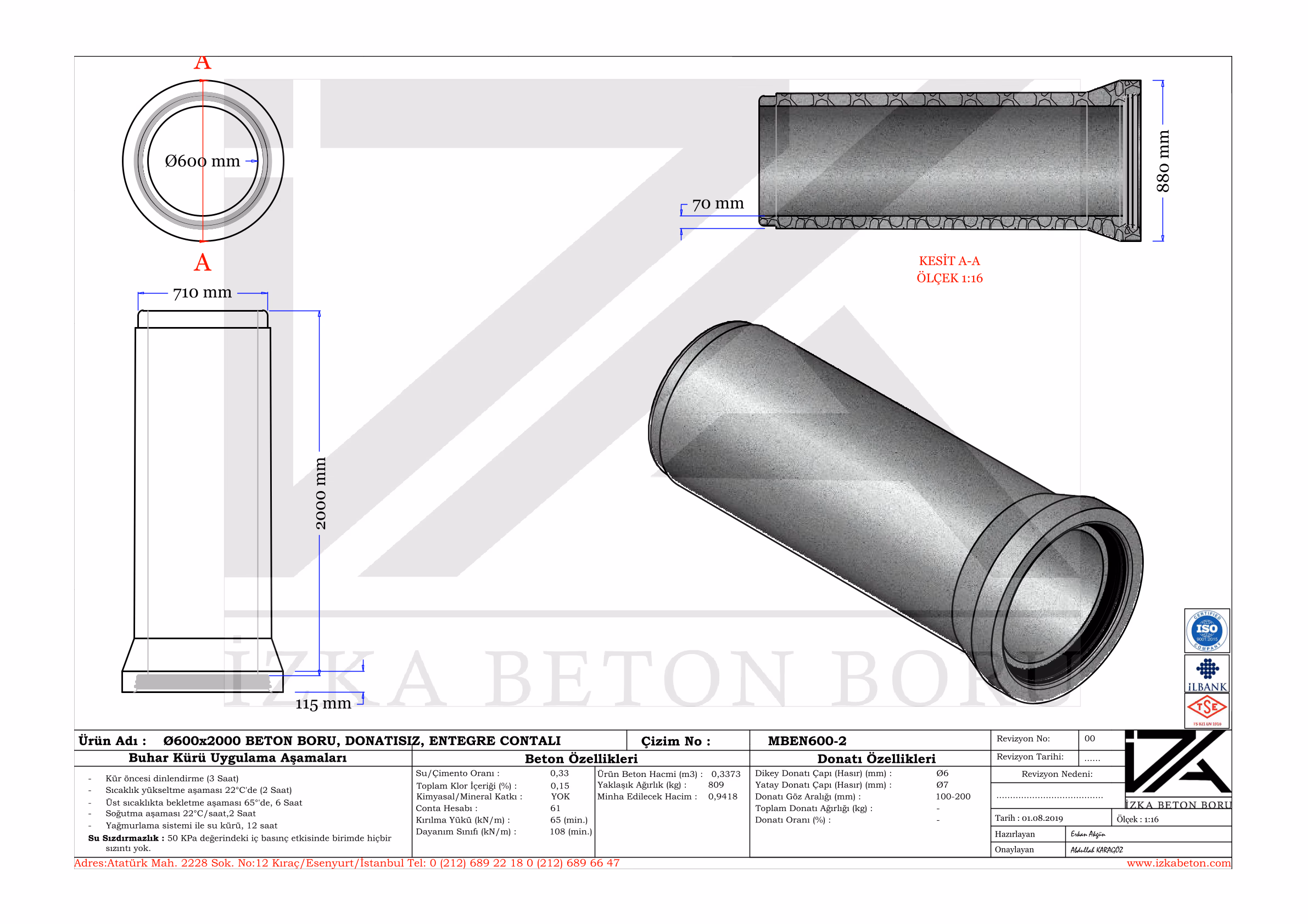 Q600mm Entegre Beton Boru Teknik Çizim